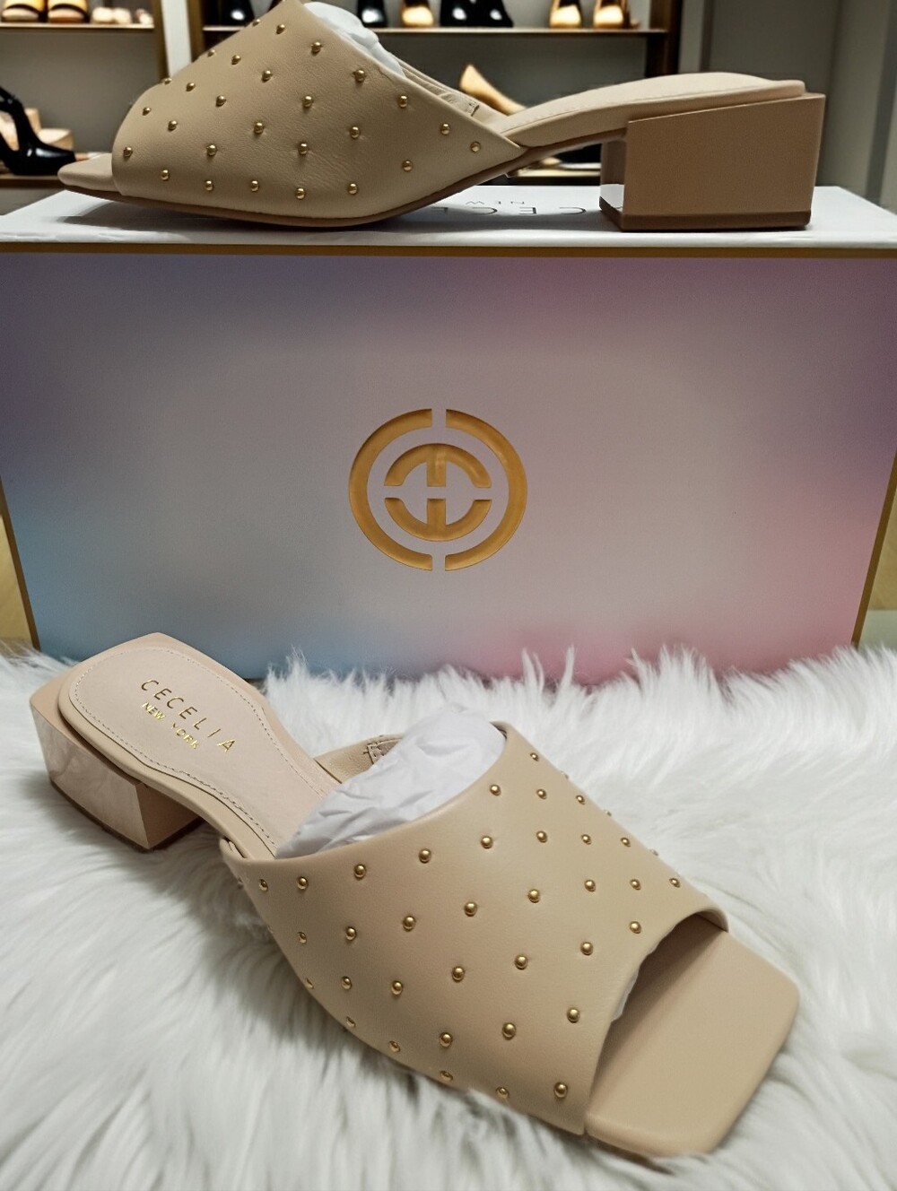Cecelia New York Olivia Micro Stud Women's Sz 6.5 Heeled Mule Sandals 🆕 $169